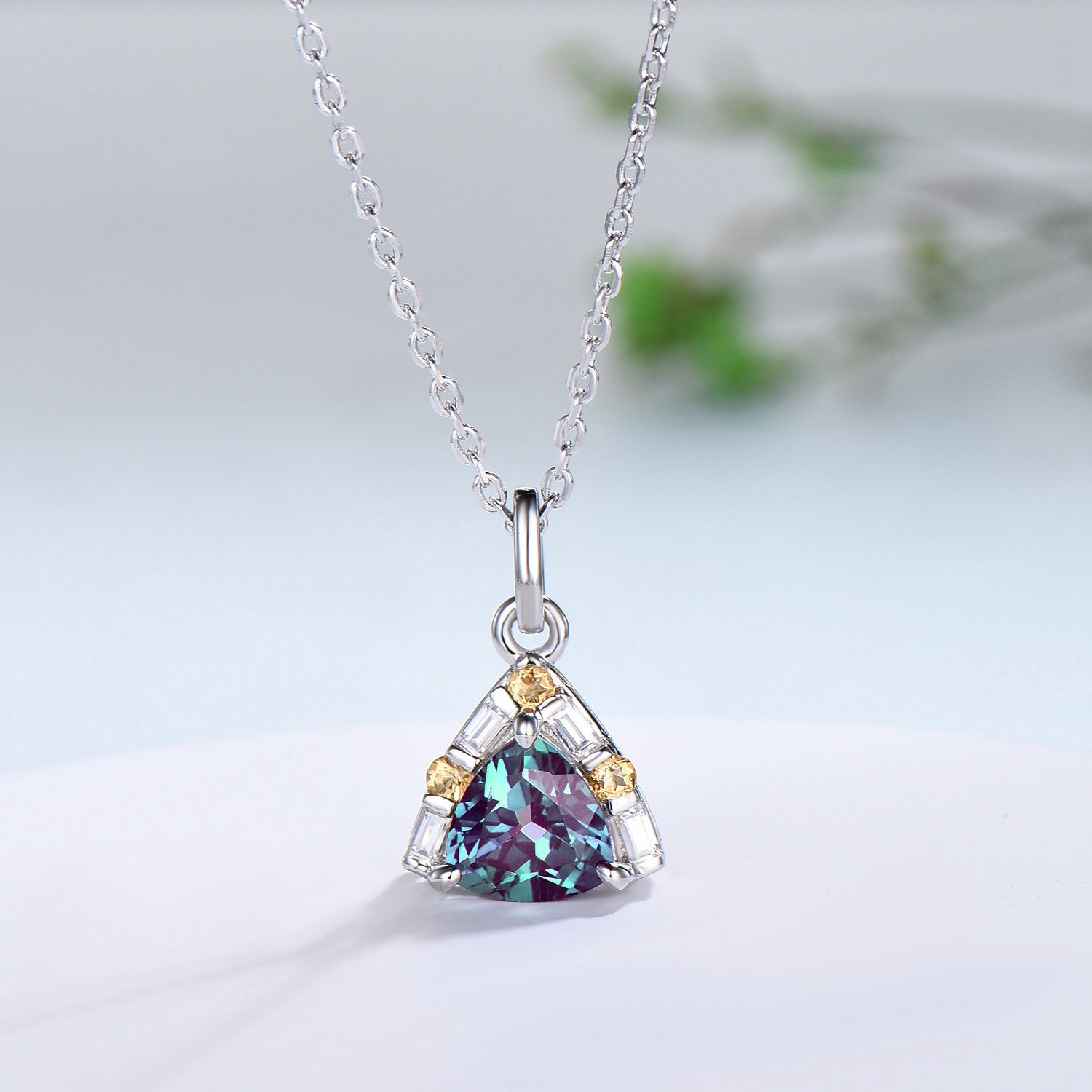 Trilliant Alexandrite pendant necklace vintage baguette moissanite pendant silver rose gold citrine necklace Engagement Gift For Women - PENFINE