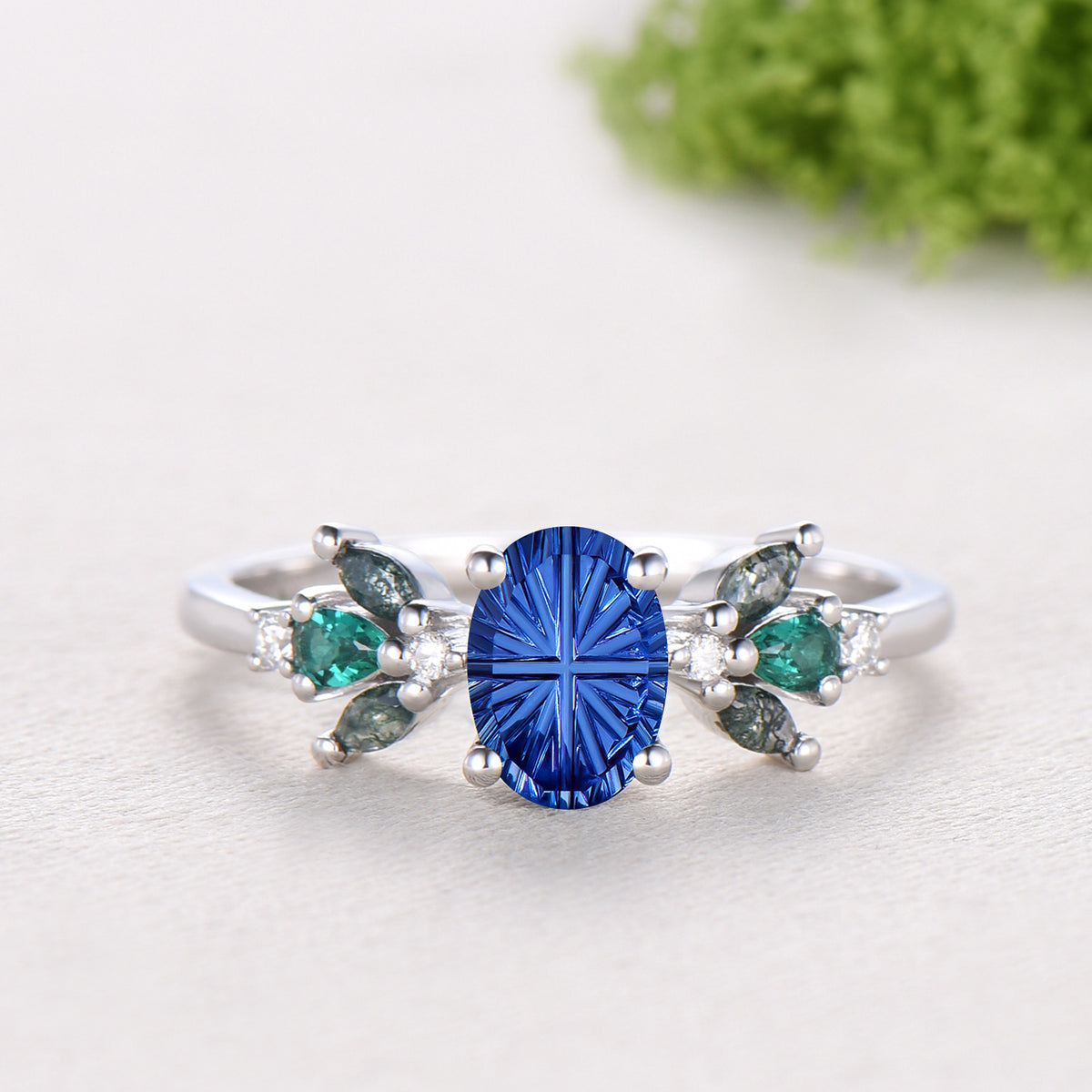 1.5CT Oval Shaped Fantasy Cut Sapphire Engagement Ring Moss Agate Emerald Cluster Ring