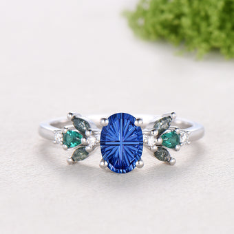 1.5CT Oval Shaped Fantasy Cut Sapphire Engagement Ring Moss Agate Emerald Cluster Ring