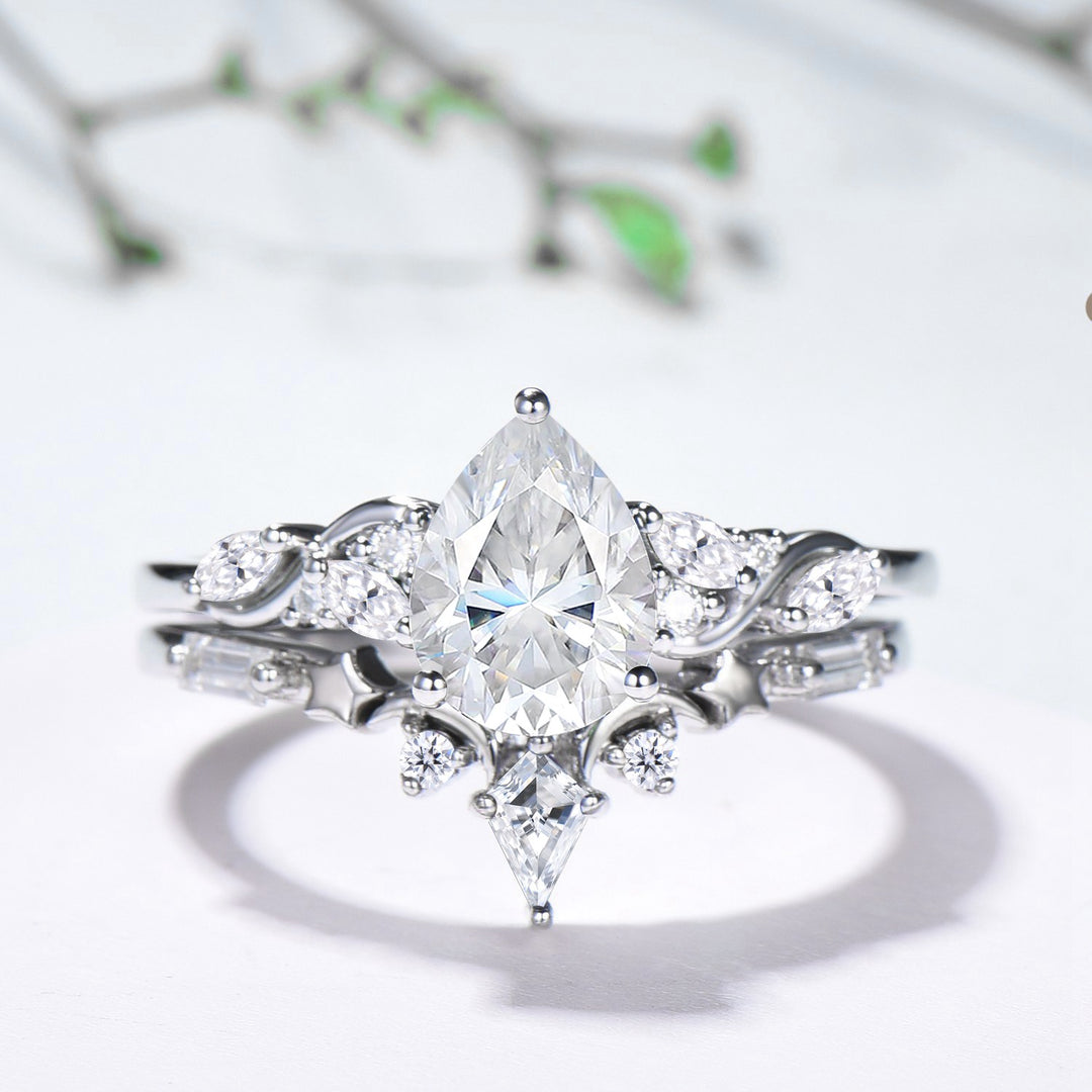Pear Moissanite Engagement Ring Set, Lab Grown Diamond Bridal Set, 14K Gold Marquise Cluster Ring, Unique Pear Shaped Wedding Ring for Her - PENFINE