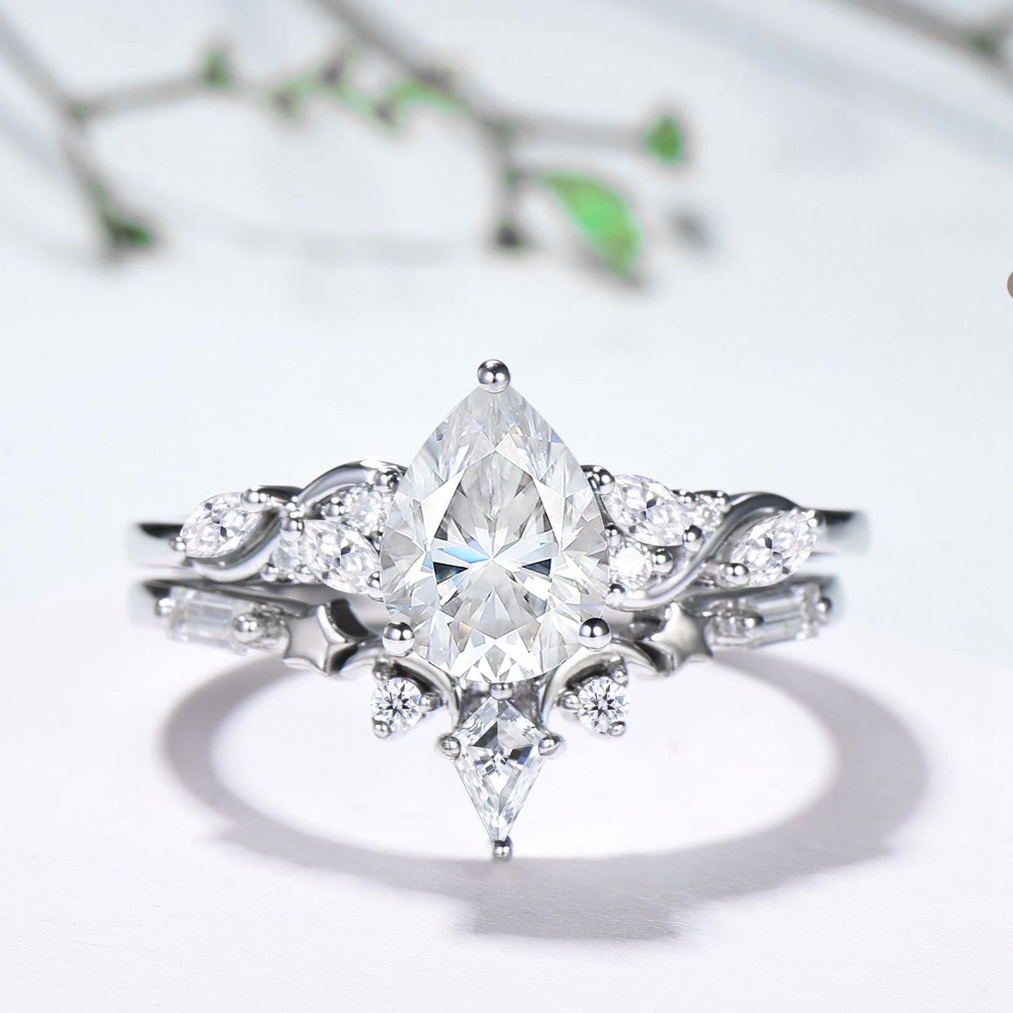 Pear Moissanite Engagement Ring Set, Lab Grown Diamond Bridal Set, 14K Gold Marquise Cluster Ring, Unique Pear Shaped Wedding Ring for Her - PENFINE