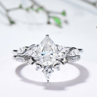 Pear Moissanite Engagement Ring Set, Lab Grown Diamond Bridal Set, 14K Gold Marquise Cluster Ring, Unique Pear Shaped Wedding Ring for Her - PENFINE