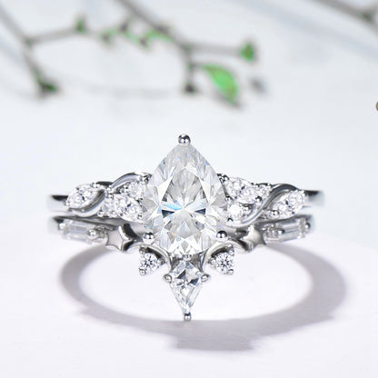 Pear Moissanite Engagement Ring Set, Lab Grown Diamond Bridal Set, 14K Gold Marquise Cluster Ring, Unique Pear Shaped Wedding Ring for Her - PENFINE