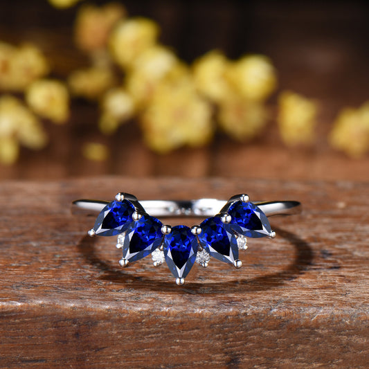 Vintage Blue Sapphire Wedding Ring, Five Stone Curved Stacking Band, 14K Rose Gold Anniversary Gift Women Sep Birthday Gift for Daughter