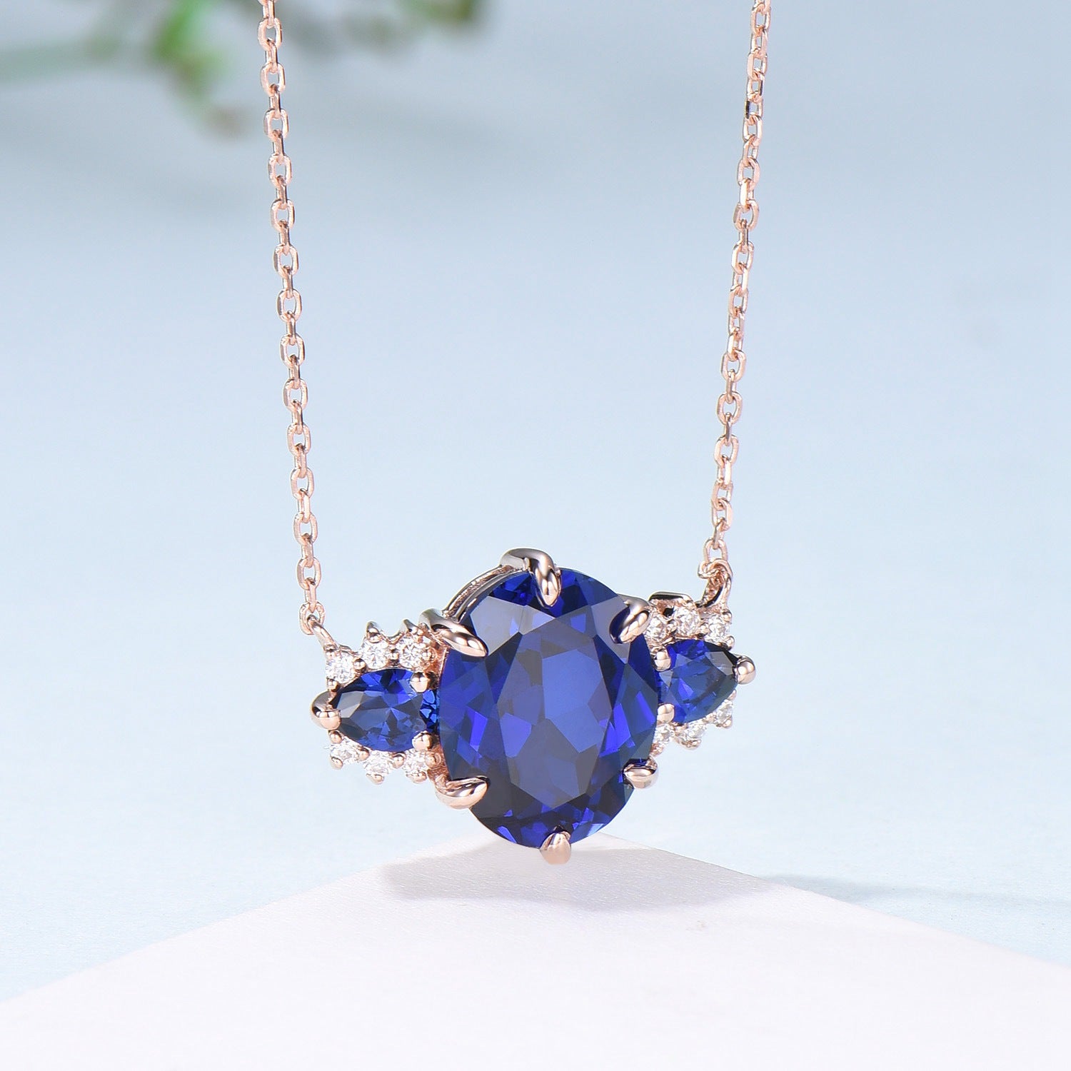 8x10mm Oval Sapphire Pendant Necklace Vintage Unique Pear Blue Sapphire Pendant Necklace Rose Gold Retro Christmas Promise Gift for Women - PENFINE