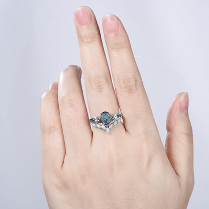 Vintage Art Deco Oval Starburst Alexandrite Ring Cluster Opal Emerald Bridal Set