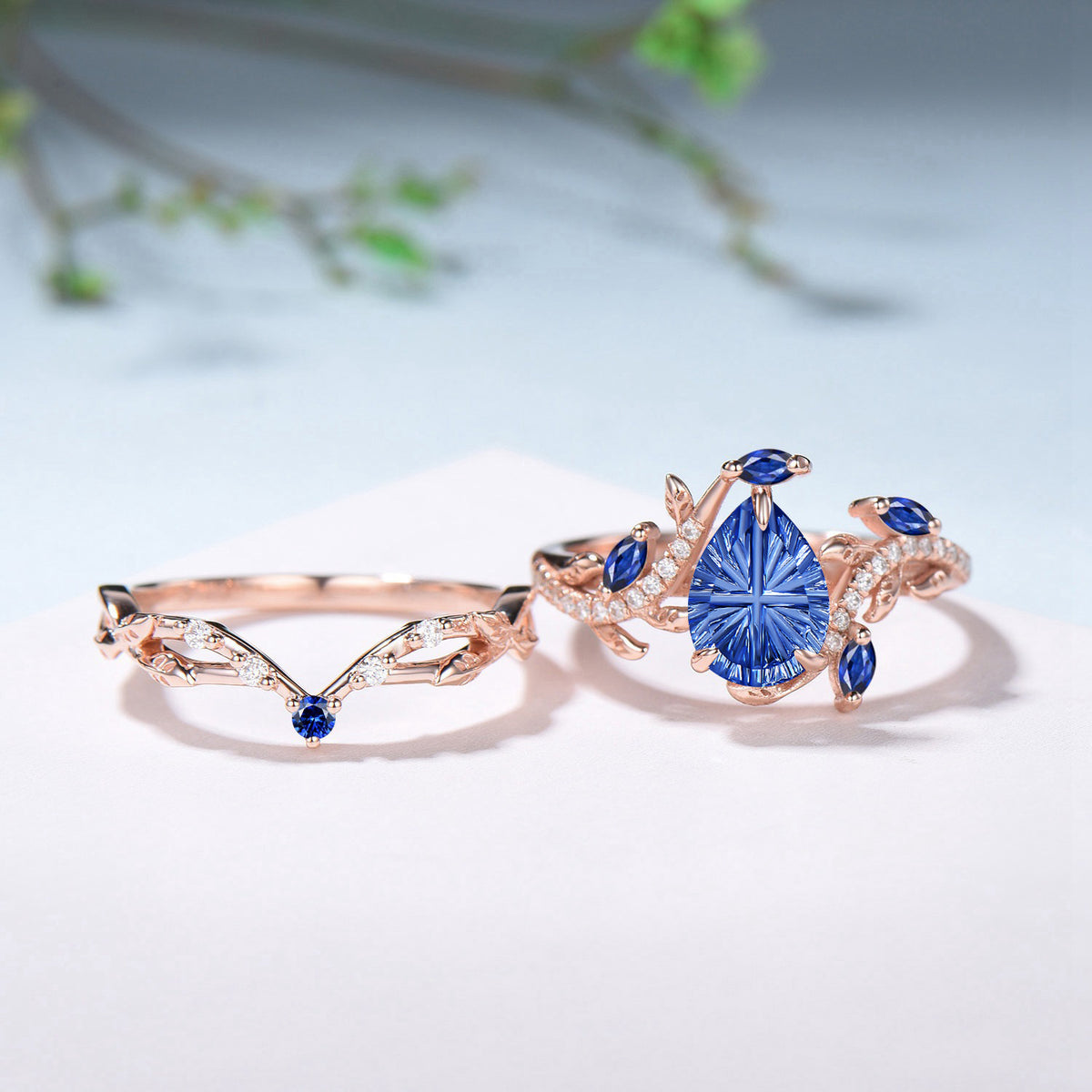 Pear Shaped Fantasy Cut Sapphire Engagement Ring Diamond Nature Inspired Ring Set