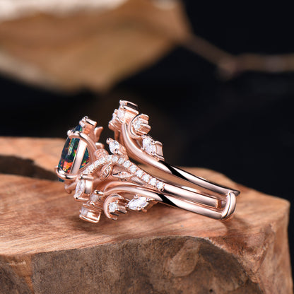 Oval Shaped Black Opal Leaf Engagement Ring Diamond Double V Curved Band Enhancer Rose Gold Bridal Ring Set Anniversary Gifts For Women - PENFINE