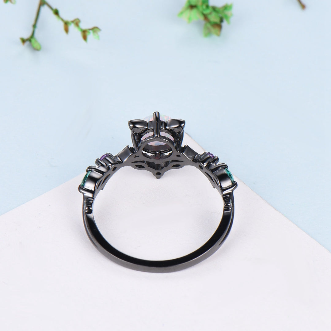 Unique Cat Fire Opal Engagement Ring Black Gold Round White Opal Animal Inspired Amethyst Emerald Band Promise Anniversary Ring Gift Women - PENFINE