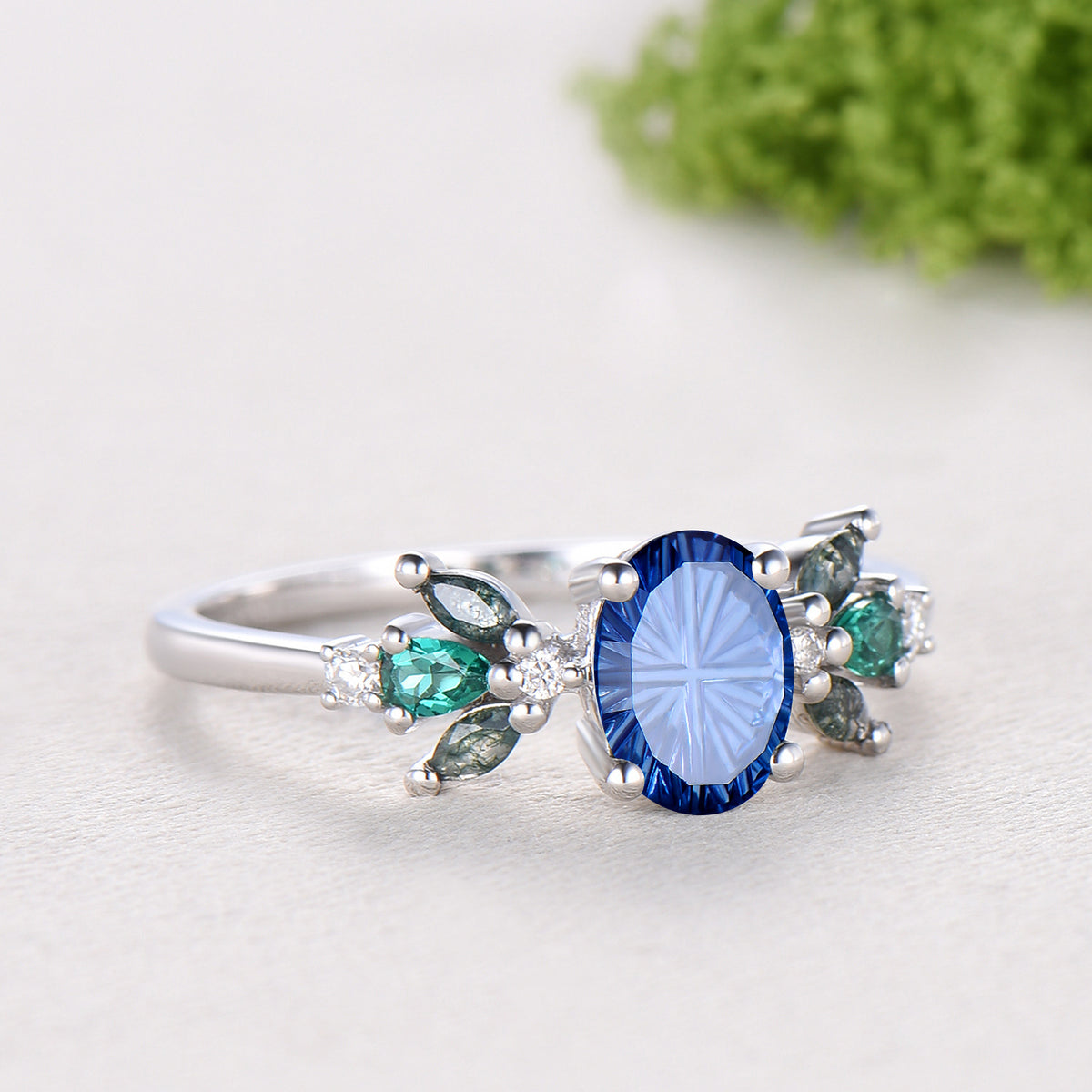 1.5CT Oval Shaped Fantasy Cut Sapphire Engagement Ring Moss Agate Emerald Cluster Ring