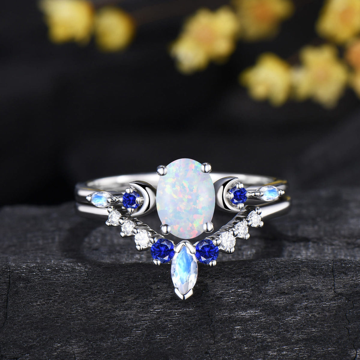1.5CT Oval Cut White Opal Engagement Ring Sapphire Moonstone Curved Band Moon Celestial Bridal Set