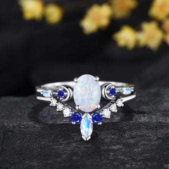 1.5CT Oval Cut White Opal Engagement Ring Sapphire Moonstone Curved Band Moon Celestial Bridal Set
