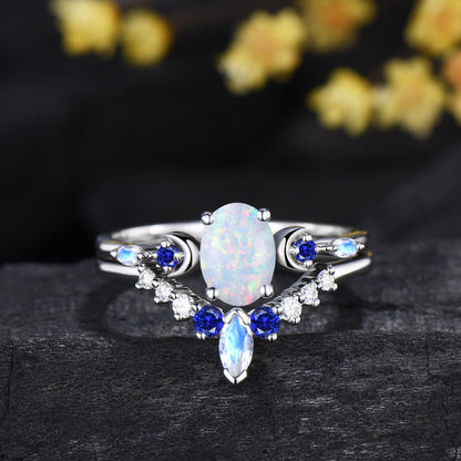 1.5CT Oval Cut White Opal Engagement Ring Sapphire Moonstone Curved Band Moon Celestial Bridal Set