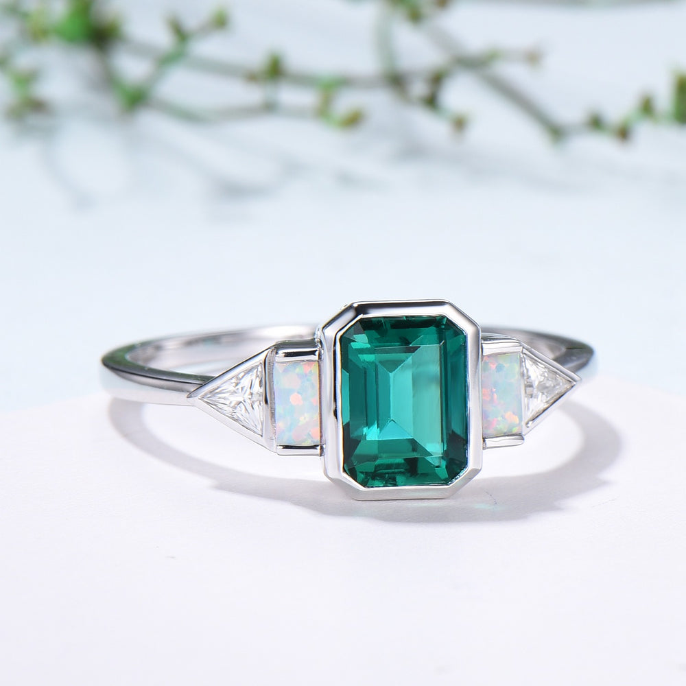 Five Stone Bezel Set Emerald Cut Emerald Engagement Ring Retro Baguette Opal Trillion Moissanite Wedding Ring Vintage Anniversary Ring Women - PENFINE