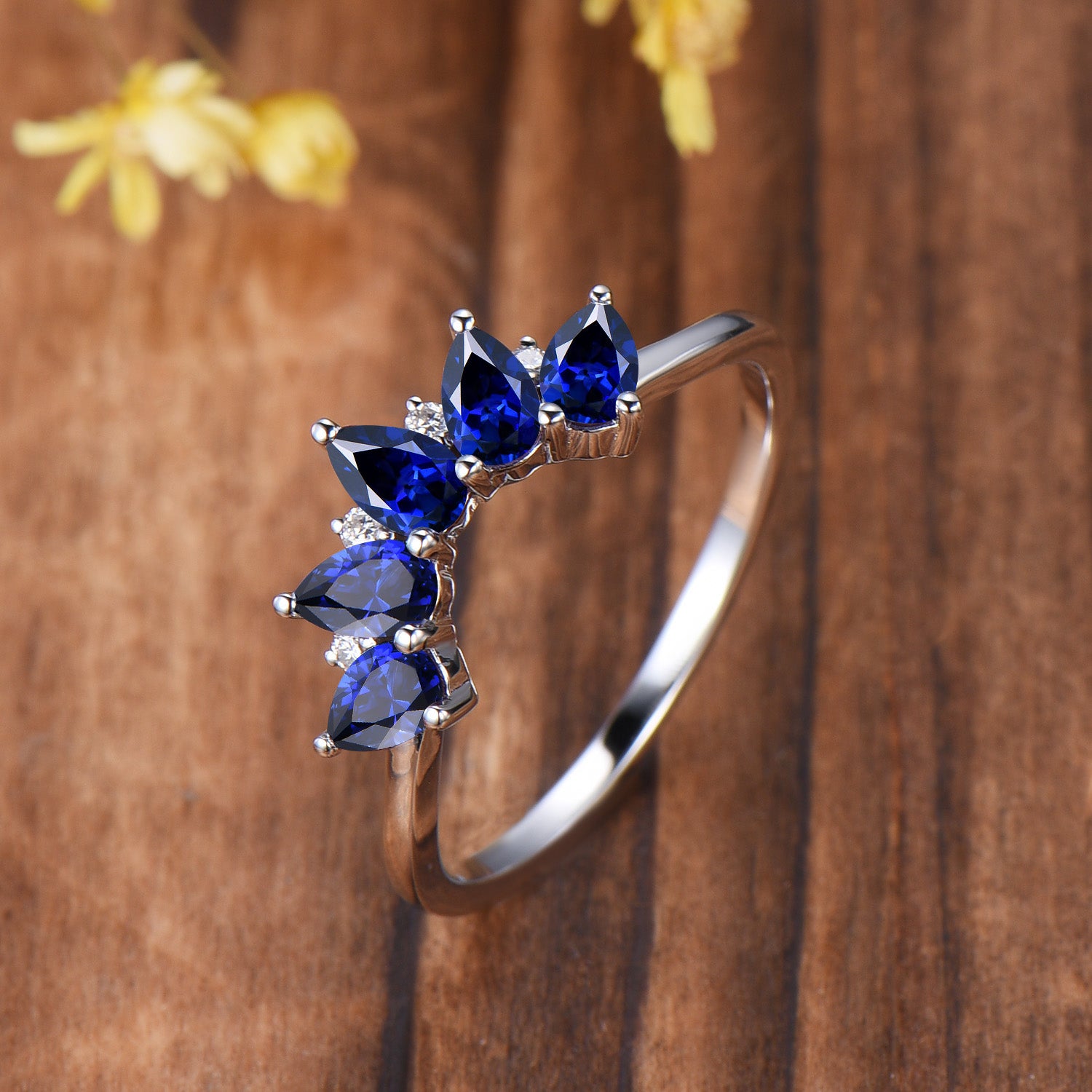 Vintage Blue Sapphire Wedding Ring, Five Stone Curved Stacking Band, 14K Rose Gold Anniversary Gift Women Sep Birthday Gift for Daughter
