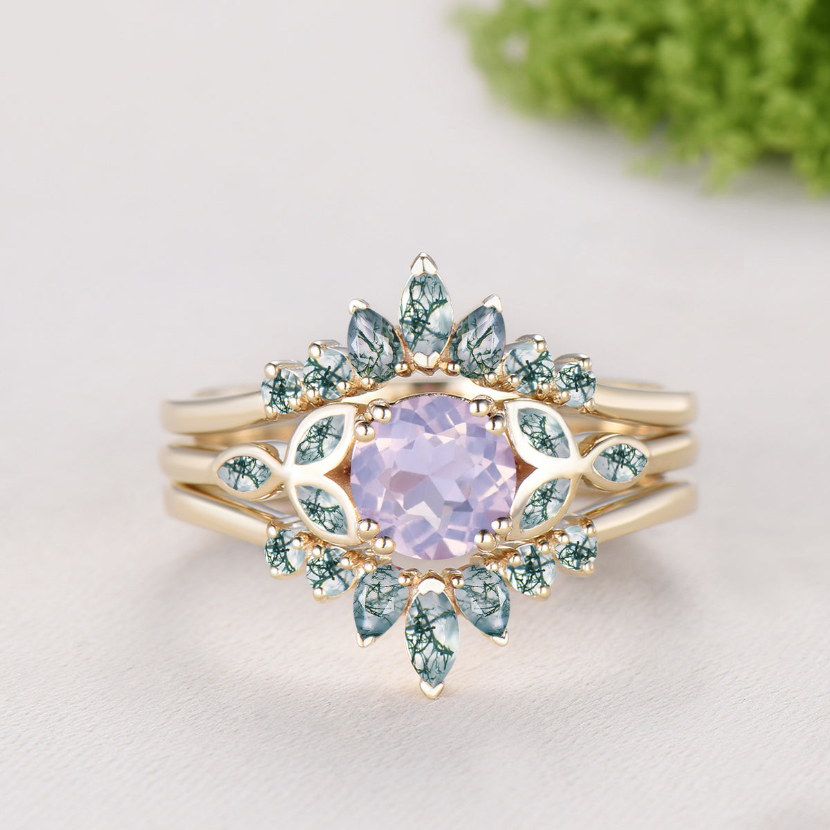 Round Cut Lavender Amethyst Bezel Setting Engagement Ring Natural Moss Agate Enhancer Ring Set