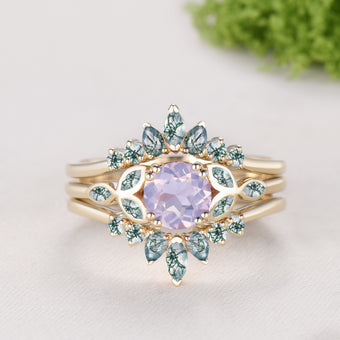 Round Cut Lavender Amethyst Bezel Setting Engagement Ring Natural Moss Agate Enhancer Ring Set
