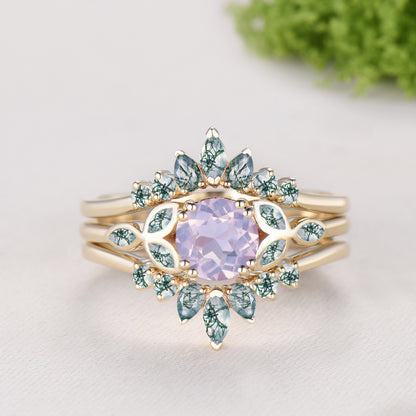 Round Cut Lavender Amethyst Bezel Setting Engagement Ring Natural Moss Agate Enhancer Ring Set