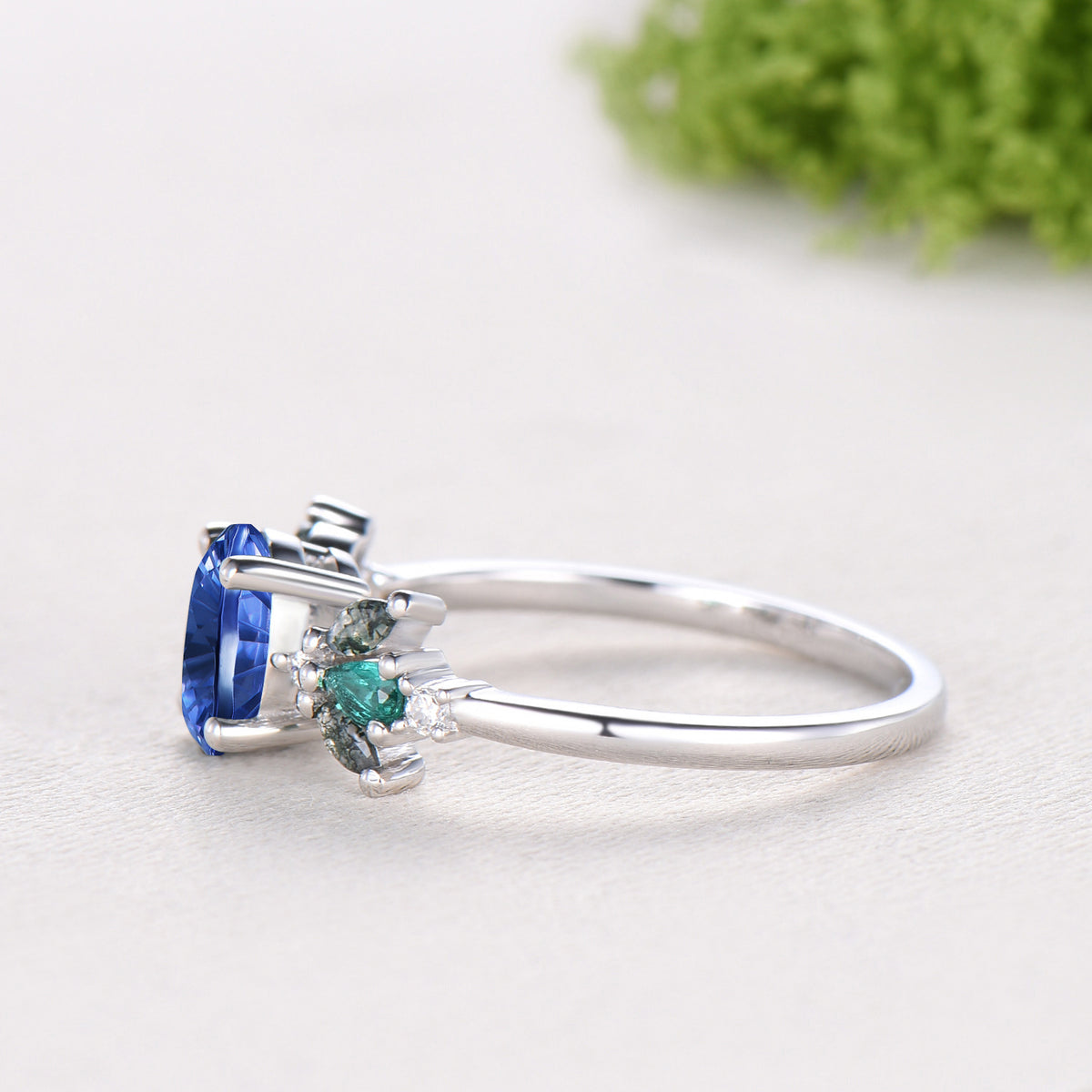 1.5CT Oval Shaped Fantasy Cut Sapphire Engagement Ring Moss Agate Emerald Cluster Ring