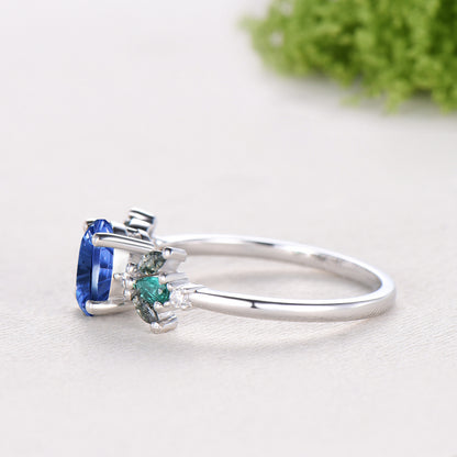 1.5CT Oval Shaped Fantasy Cut Sapphire Engagement Ring Moss Agate Emerald Cluster Ring