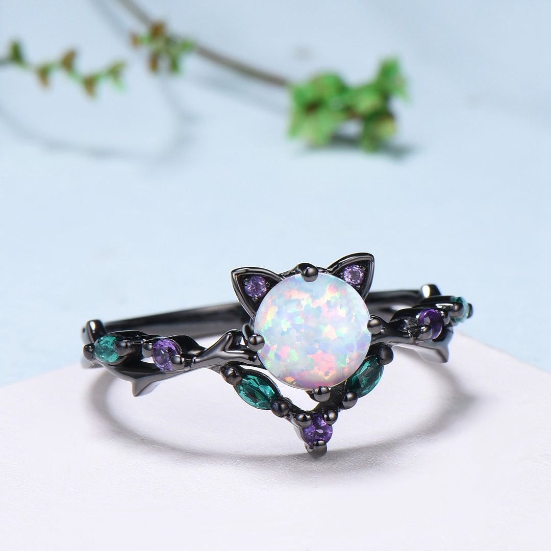 Unique Cat Fire Opal Engagement Ring Black Gold Round White Opal Animal Inspired Amethyst Emerald Band Promise Anniversary Ring Gift Women - PENFINE