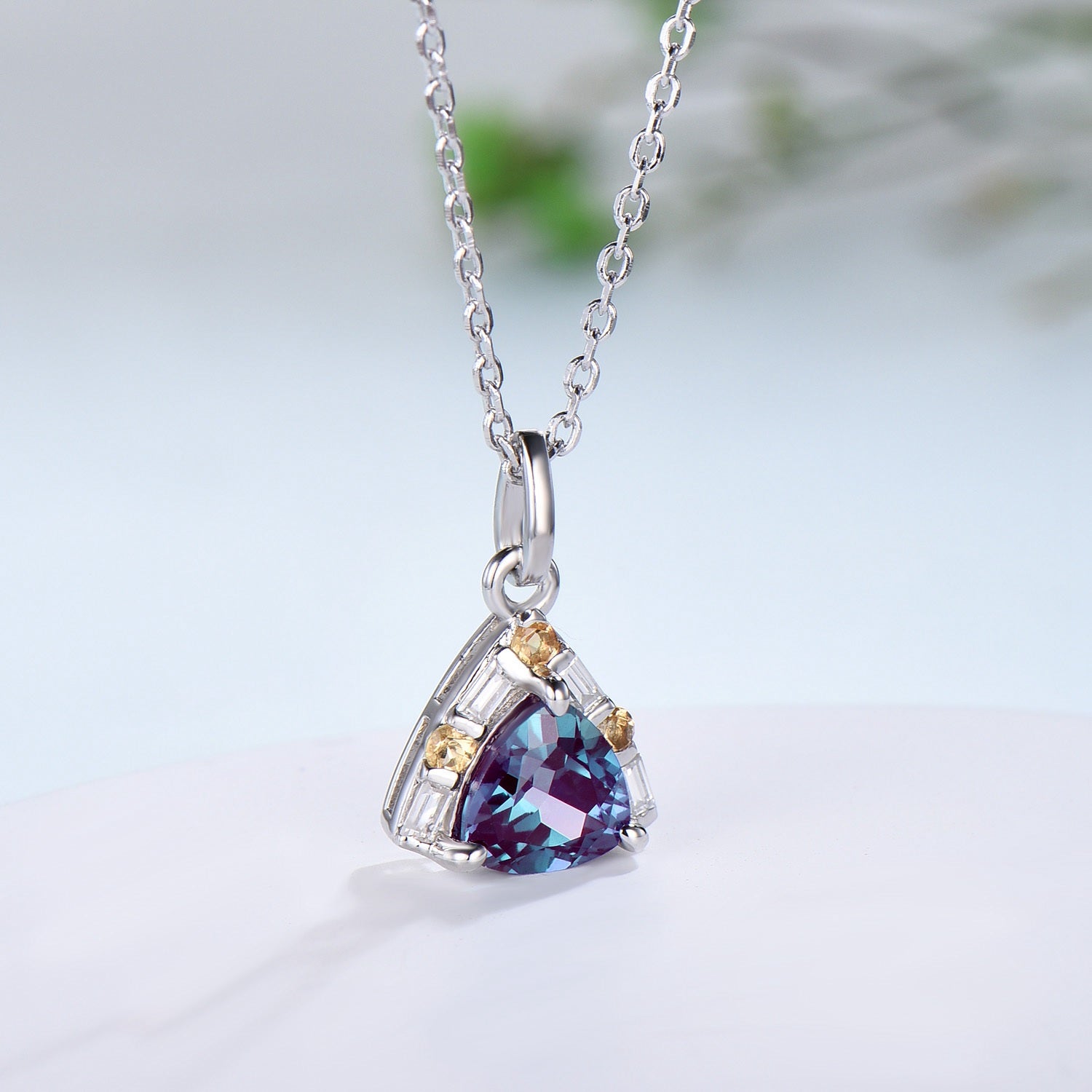 Trilliant Alexandrite pendant necklace vintage baguette moissanite pendant silver rose gold citrine necklace Engagement Gift For Women - PENFINE