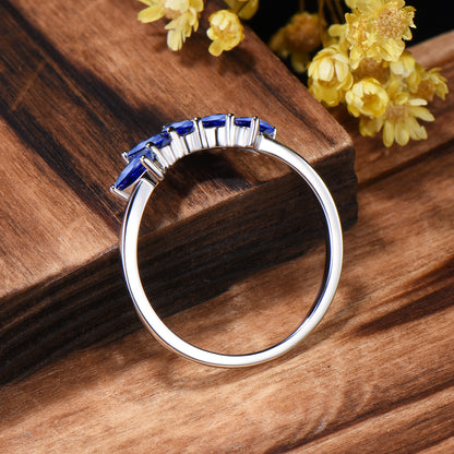 Vintage Blue Sapphire Wedding Ring, Five Stone Curved Stacking Band, 14K Rose Gold Anniversary Gift Women Sep Birthday Gift for Daughter