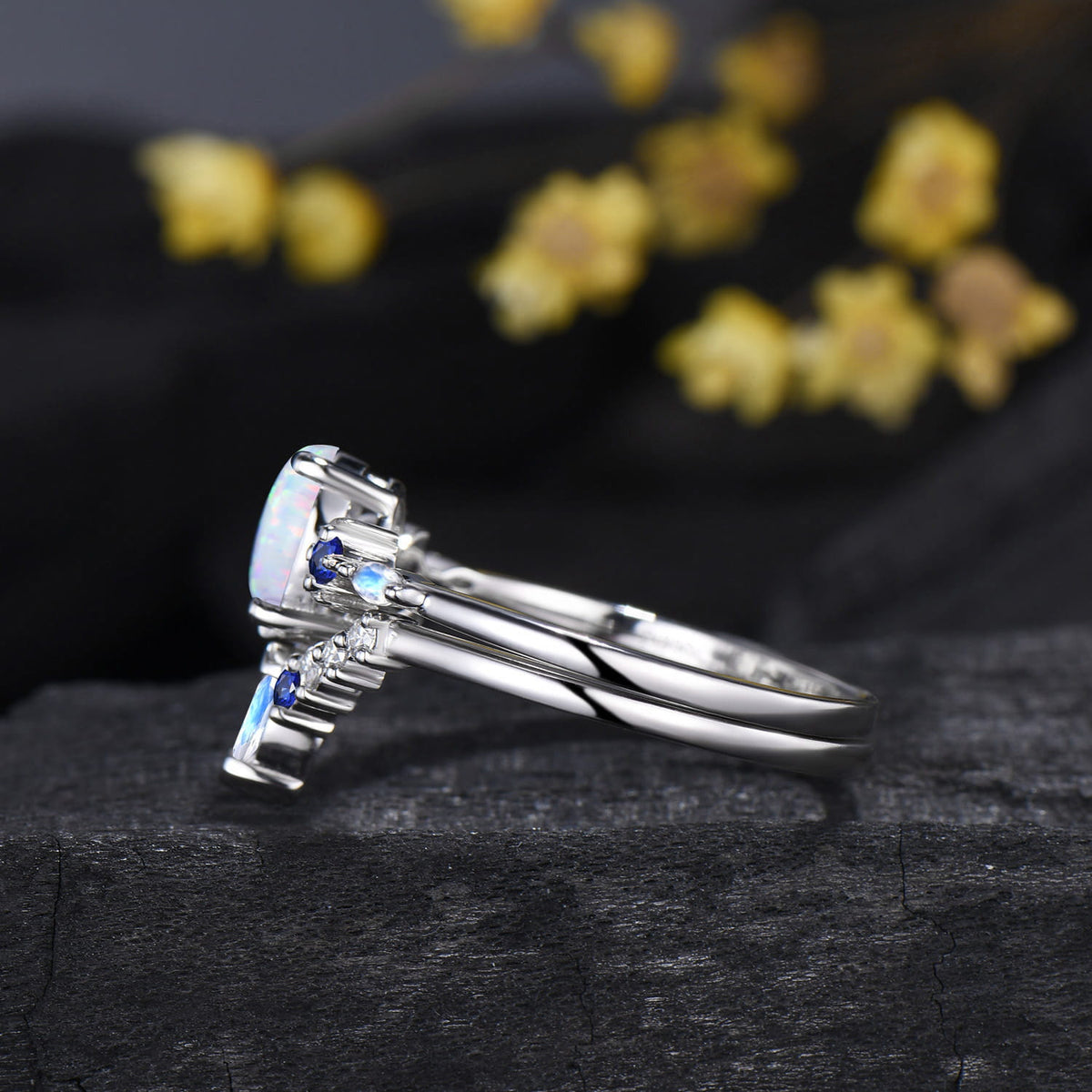 1.5CT Oval Cut White Opal Engagement Ring Sapphire Moonstone Curved Band Moon Celestial Bridal Set
