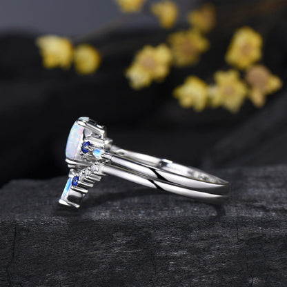 1.5CT Oval Cut White Opal Engagement Ring Sapphire Moonstone Curved Band Moon Celestial Bridal Set