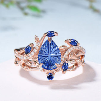 Pear Shaped Fantasy Cut Sapphire Engagement Ring Diamond Nature Inspired Ring Set