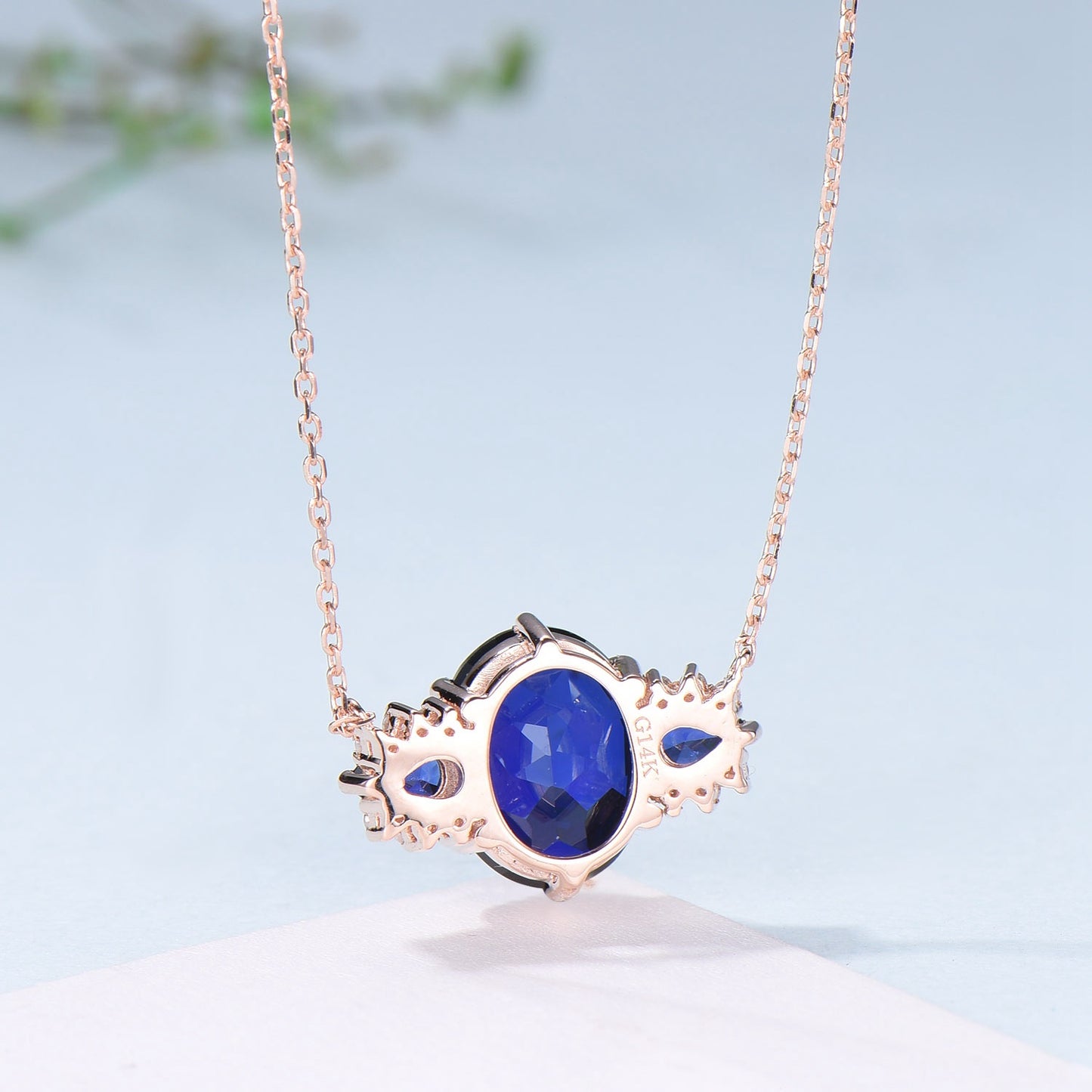 8x10mm Oval Sapphire Pendant Necklace Vintage Unique Pear Blue Sapphire Pendant Necklace Rose Gold Retro Christmas Promise Gift for Women - PENFINE