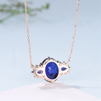 8x10mm Oval Sapphire Pendant Necklace Vintage Unique Pear Blue Sapphire Pendant Necklace Rose Gold Retro Christmas Promise Gift for Women - PENFINE