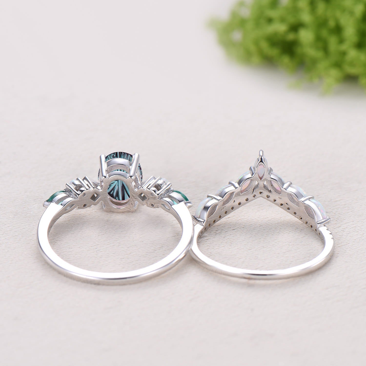 Vintage Art Deco Oval Starburst Alexandrite Ring Cluster Opal Emerald Bridal Set