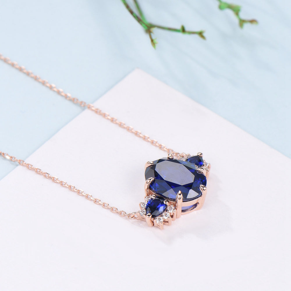 8x10mm Oval Sapphire Pendant Necklace Vintage Unique Pear Blue Sapphire Pendant Necklace Rose Gold Retro Christmas Promise Gift for Women - PENFINE