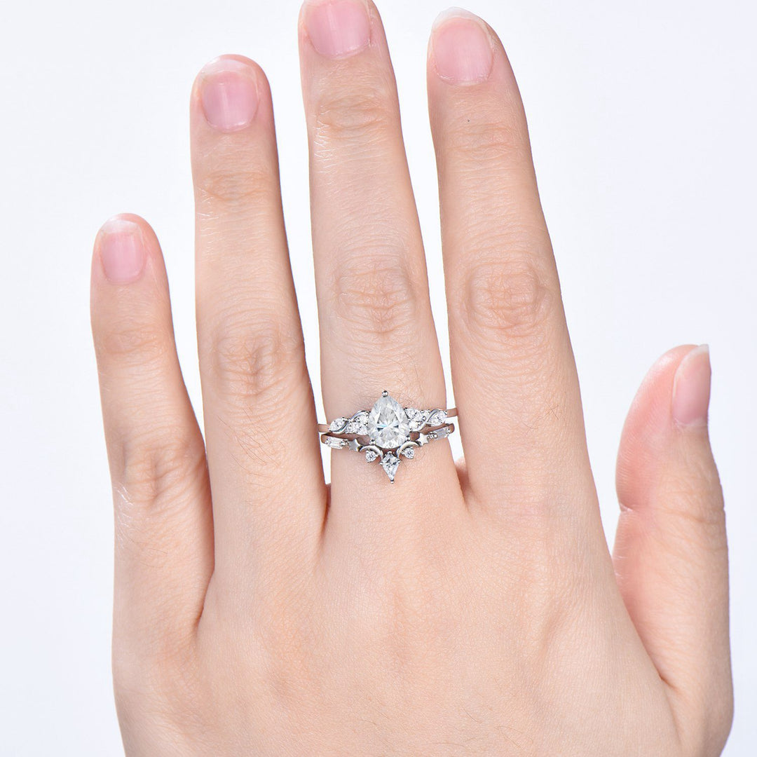 Pear Moissanite Engagement Ring Set, Lab Grown Diamond Bridal Set, 14K Gold Marquise Cluster Ring, Unique Pear Shaped Wedding Ring for Her - PENFINE