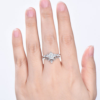 Pear Moissanite Engagement Ring Set, Lab Grown Diamond Bridal Set, 14K Gold Marquise Cluster Ring, Unique Pear Shaped Wedding Ring for Her - PENFINE