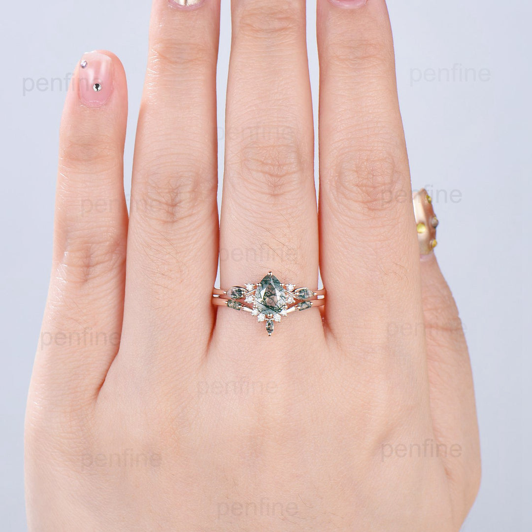 Vintage Pear Shaped Natural Green Moss Agate Engagement Ring Set Unique 14k Rose Gold Vine Marquise Agate Wedding Ring Set Ring for Women - PENFINE