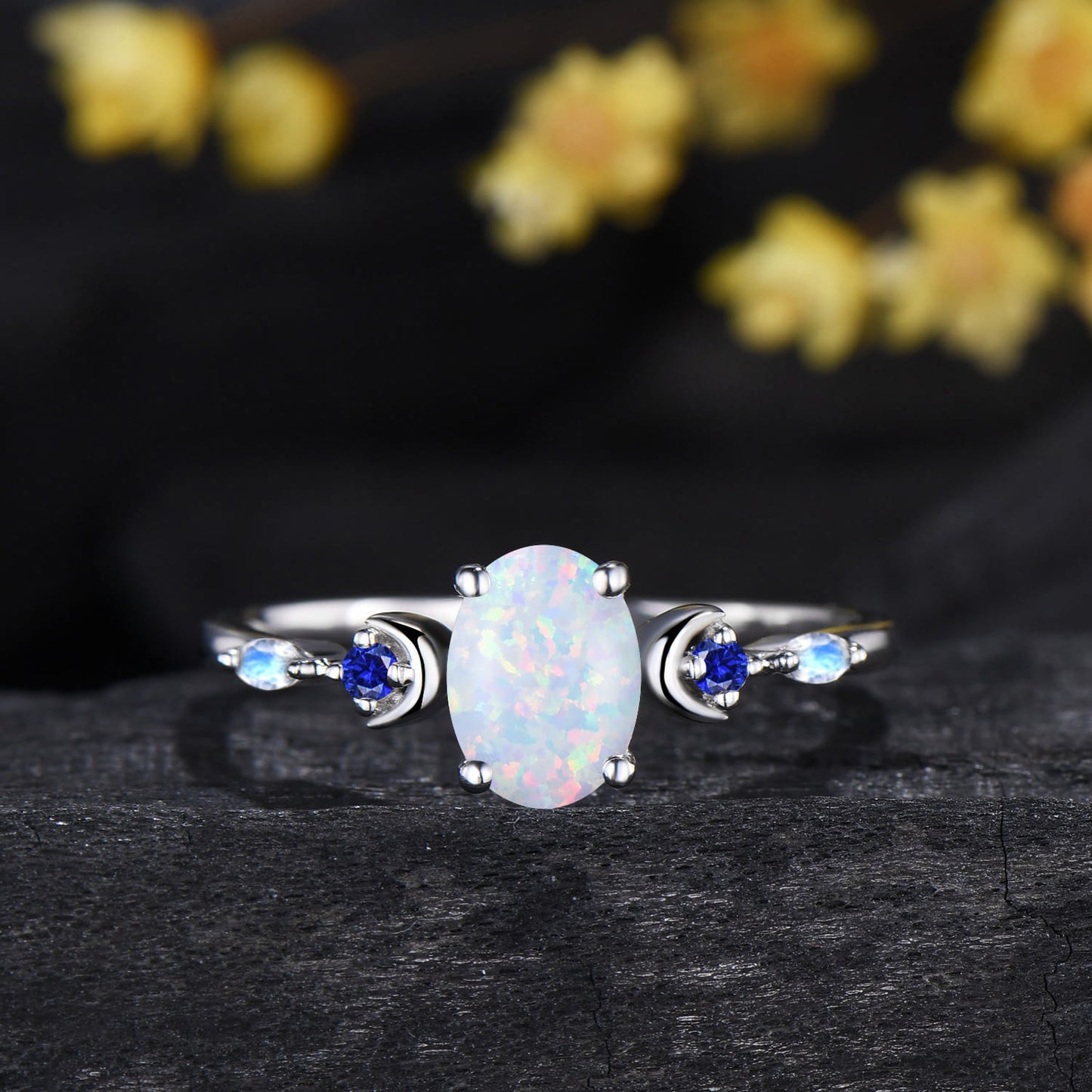 1.5CT Oval Cut White Opal Engagement Ring Sapphire Moonstone Curved Band Moon Celestial Bridal Set