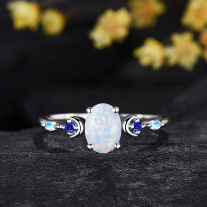 1.5CT Oval Cut White Opal Engagement Ring Sapphire Moonstone Curved Band Moon Celestial Bridal Set