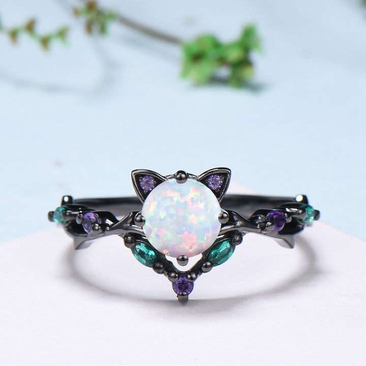 Unique Cat Fire Opal Engagement Ring Black Gold Round White Opal Animal Inspired Amethyst Emerald Band Promise Anniversary Ring Gift Women - PENFINE