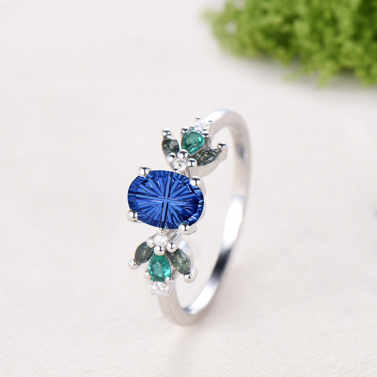 1.5CT Oval Shaped Fantasy Cut Sapphire Engagement Ring Moss Agate Emerald Cluster Ring