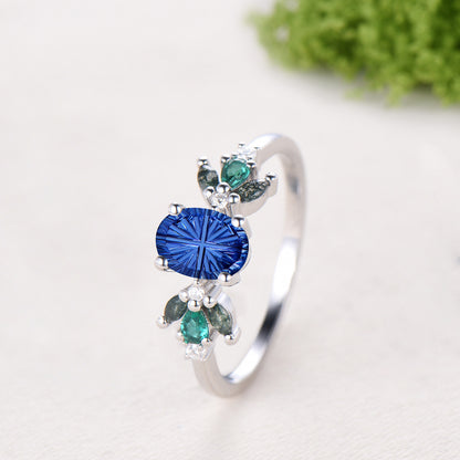 1.5CT Oval Shaped Fantasy Cut Sapphire Engagement Ring Moss Agate Emerald Cluster Ring