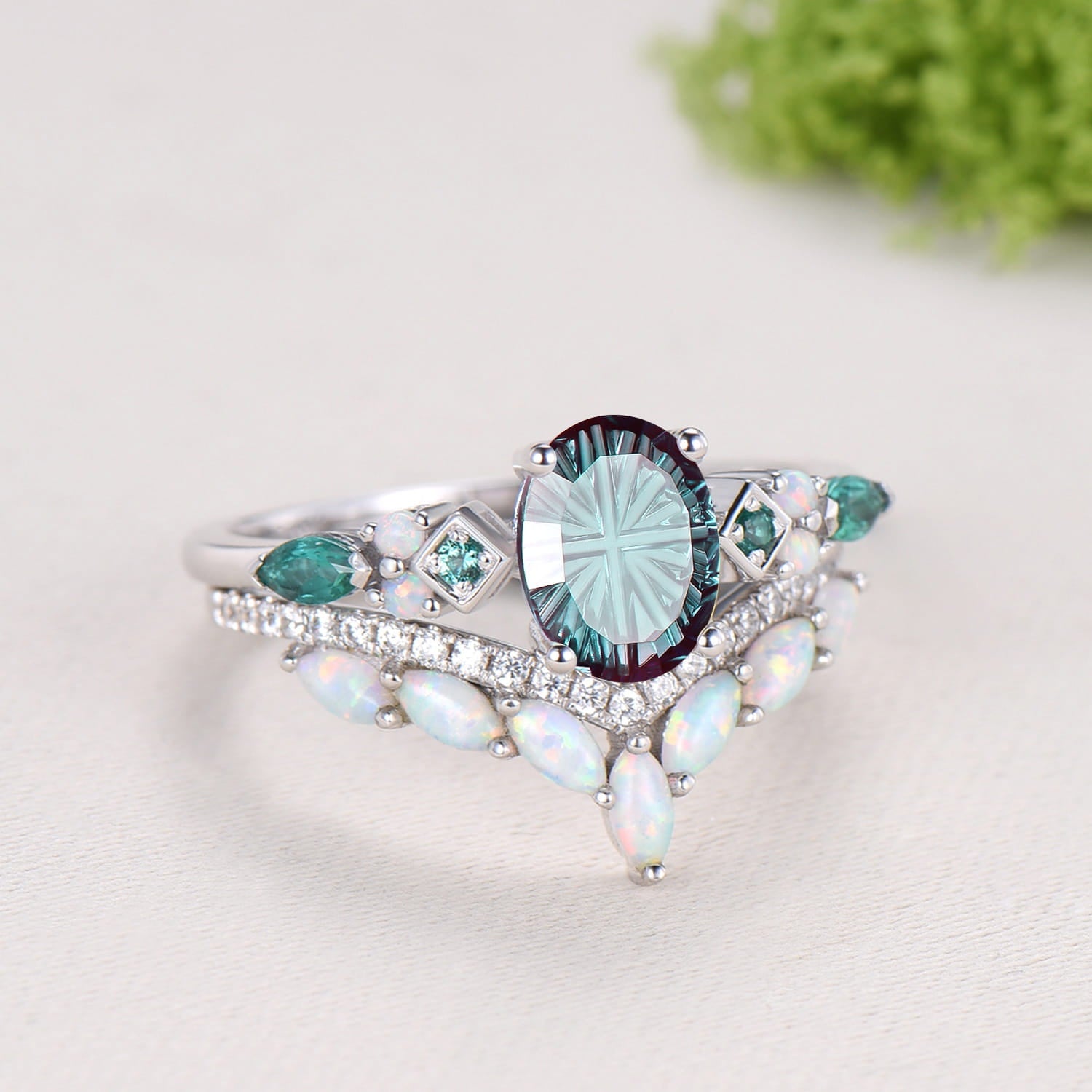 Vintage Art Deco Oval Starburst Alexandrite Ring Cluster Opal Emerald Bridal Set