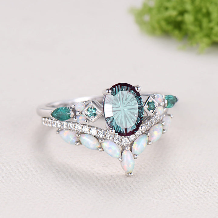 Vintage Art Deco Oval Starburst Alexandrite Ring Cluster Opal Emerald Bridal Set