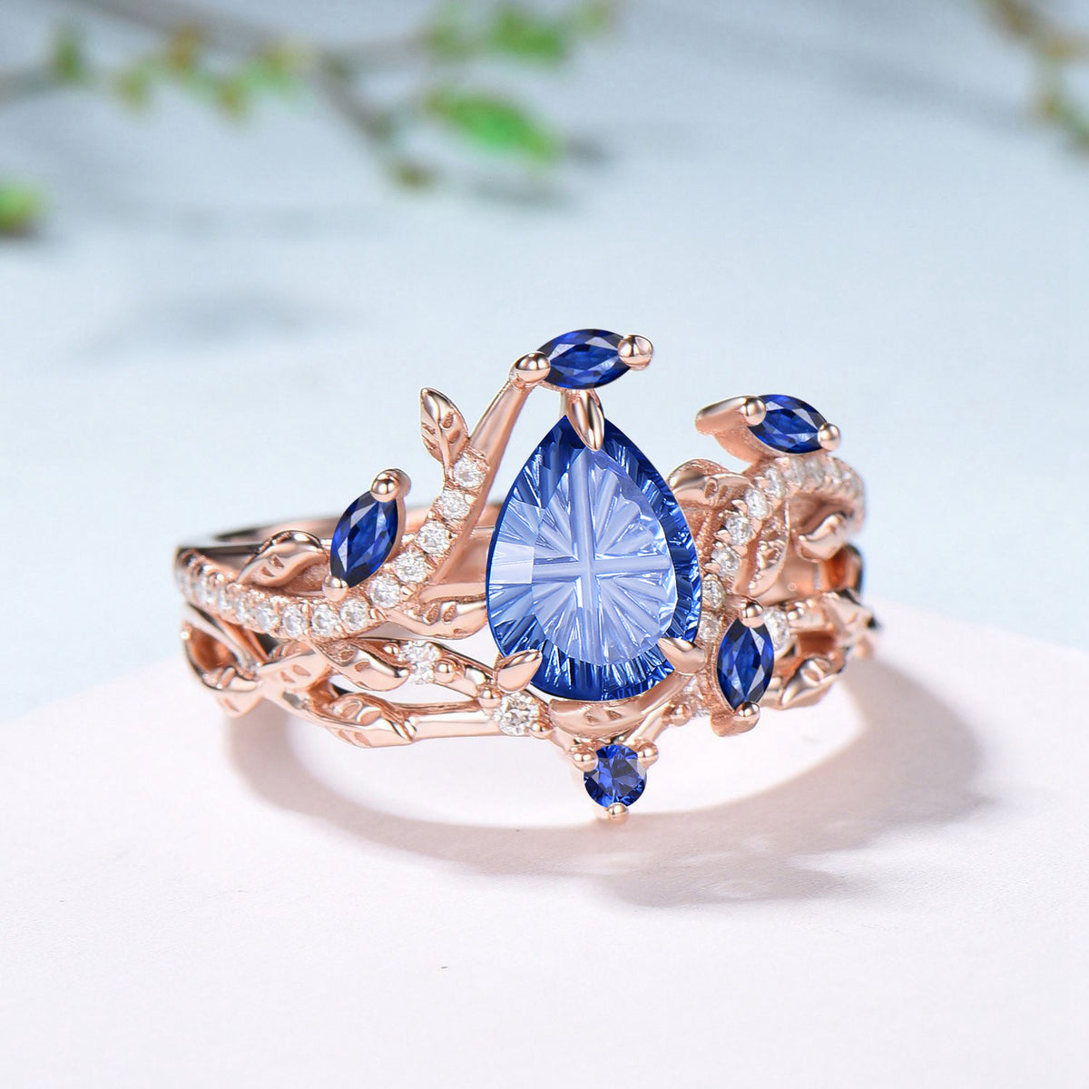Pear Shaped Fantasy Cut Sapphire Engagement Ring Diamond Nature Inspired Ring Set