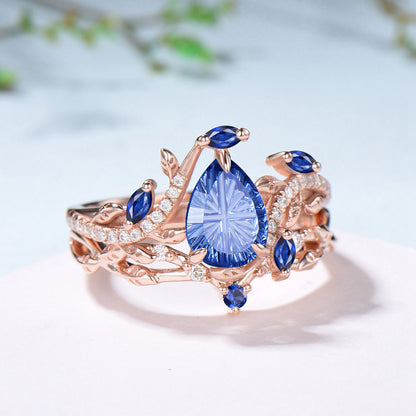 Pear Shaped Fantasy Cut Sapphire Engagement Ring Diamond Nature Inspired Ring Set