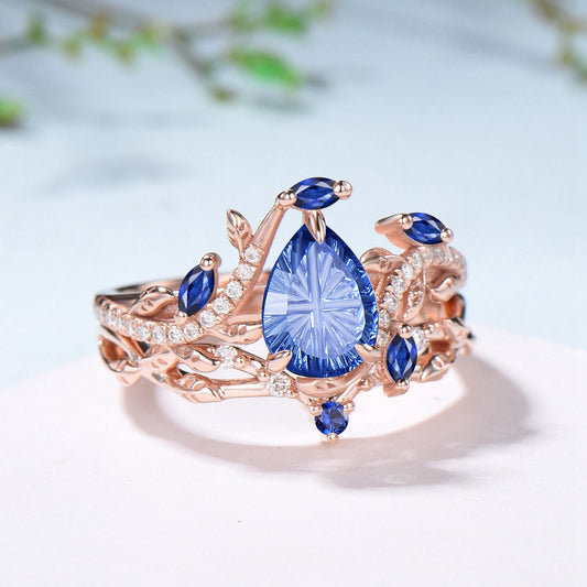 Pear Shaped Fantasy Cut Sapphire Engagement Ring Diamond Nature Inspired Ring Set