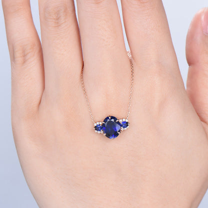 8x10mm Oval Sapphire Pendant Necklace Vintage Unique Pear Blue Sapphire Pendant Necklace Rose Gold Retro Christmas Promise Gift for Women - PENFINE