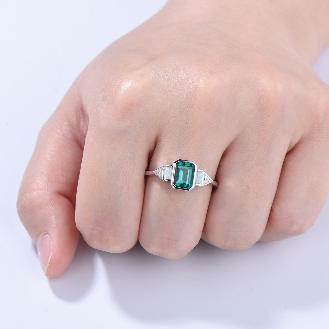 Five Stone Bezel Set Emerald Cut Emerald Engagement Ring Retro Baguette Opal Trillion Moissanite Wedding Ring Vintage Anniversary Ring Women - PENFINE