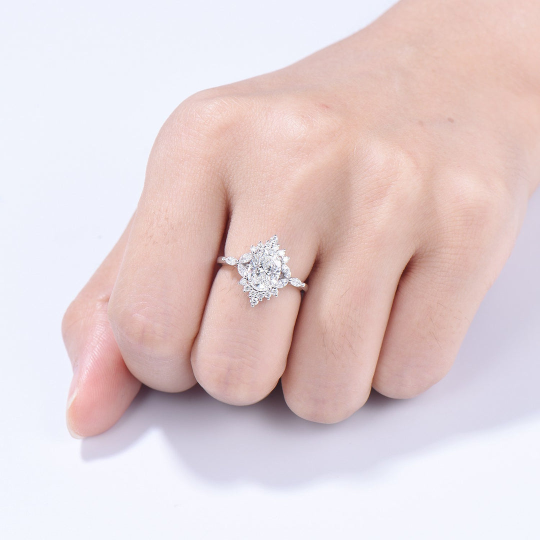 Vintage 1.5 Carat VVS-D Oval Lab Grown Diamond Engagement Ring Halo Diamond Certificate Engagement Ring Unique Marquise Diamond Wedding Gift - PENFINE